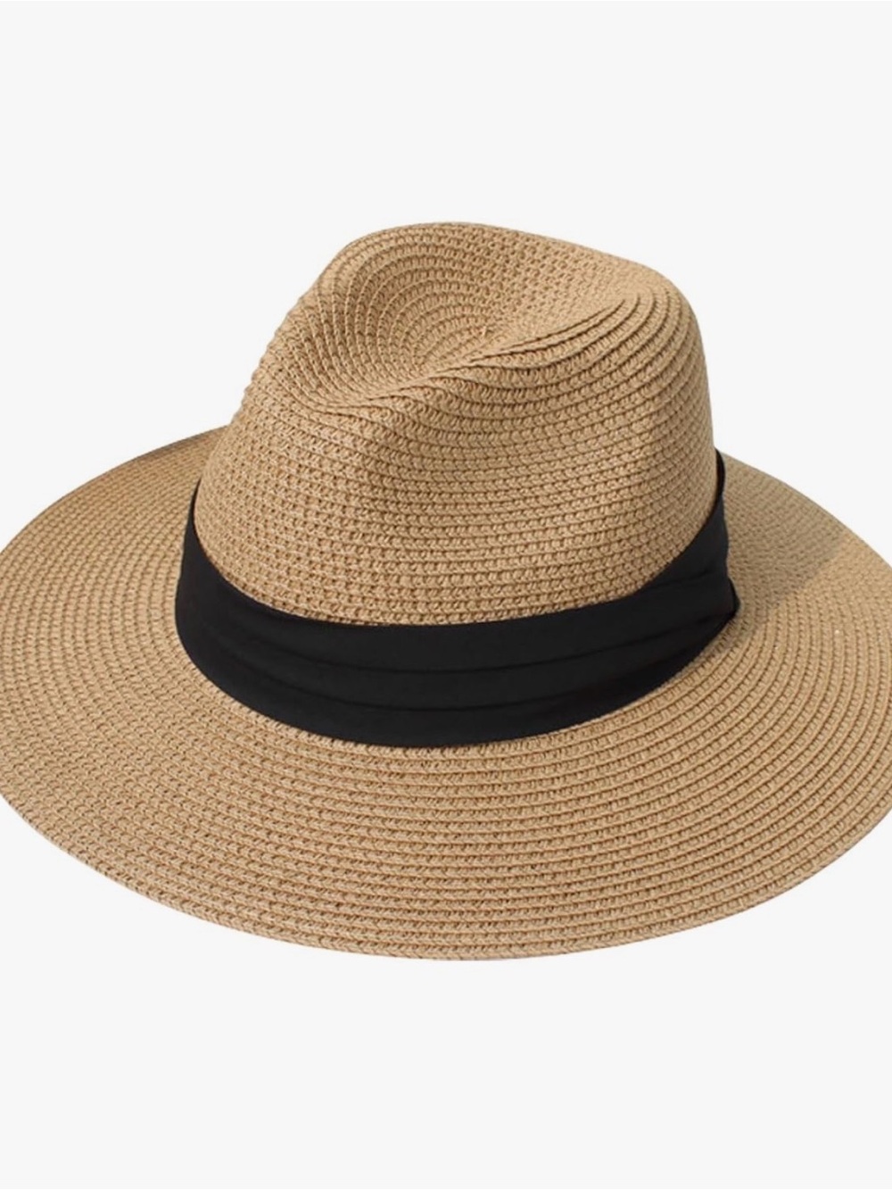 Classic Wide-Brim Straw Fedora Hat in Tan with Black Band